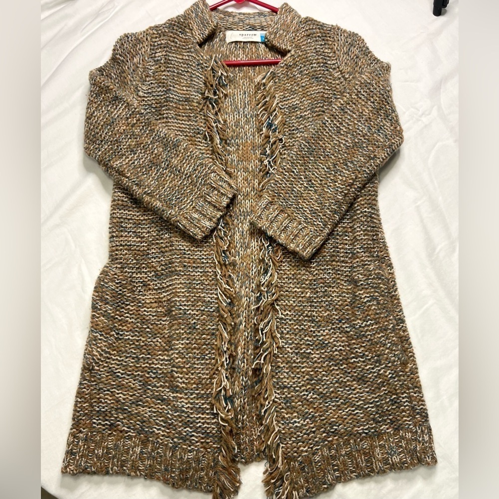 Sparrow Anthropologie Cardigan Sweater Knit Open Front Fringe Wool Linen Size XS